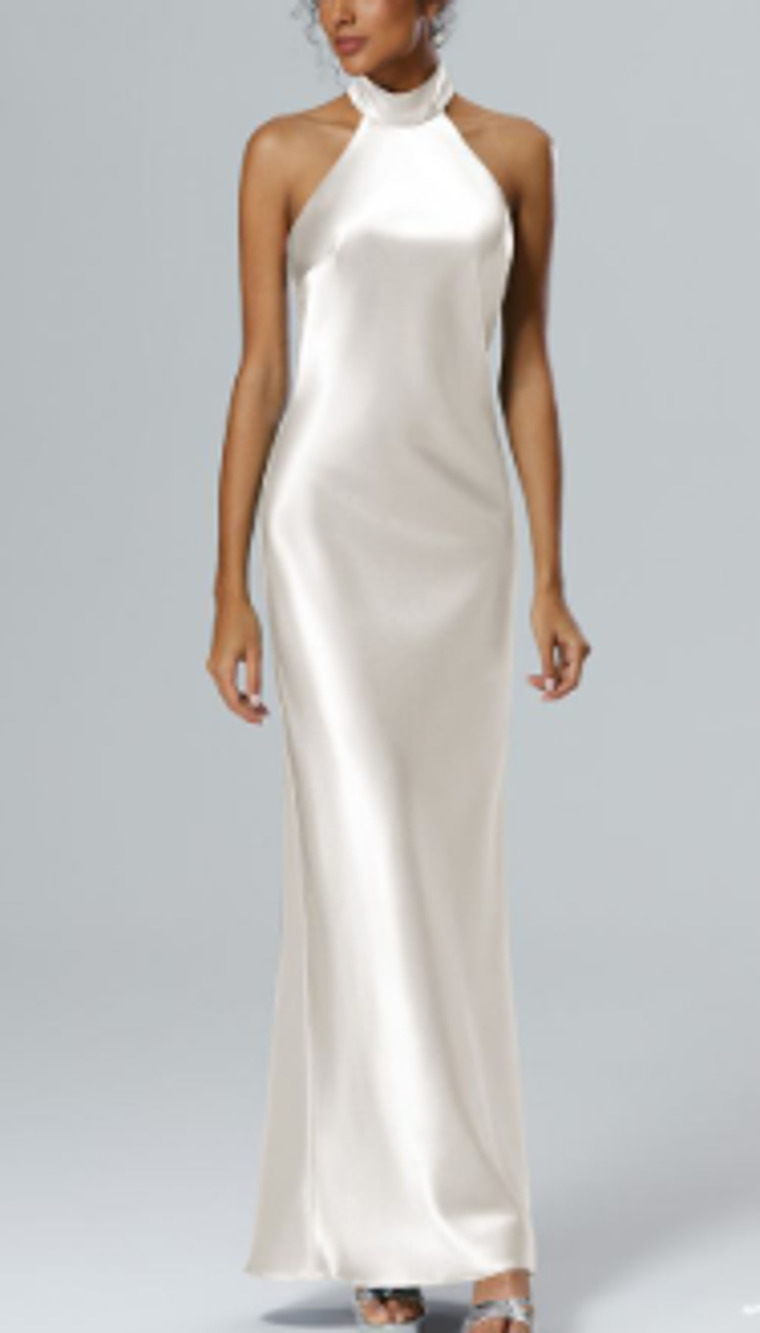 AW BRIDAL 8 M Champagne crystal satin Mugwort halter formal maxi dress NEW B31